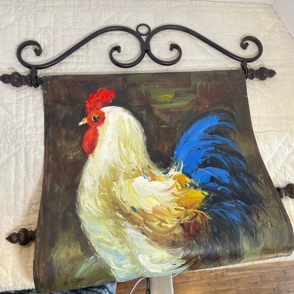Hand-Painted Rooster Canvas Wall Painting Art with Decorative Metal Scroll Frame - Picture 8 of 10